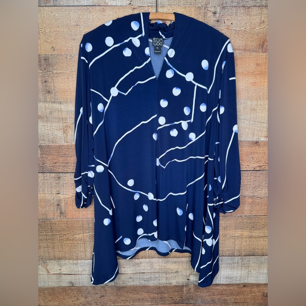 Clara Sun Woo Top Asymmetrical Hem Blue White Polkadots Geometric USA Made